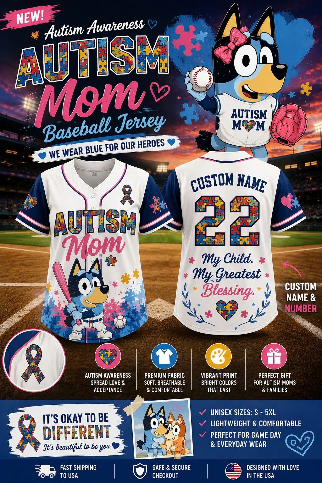 Bluey Autism Mom Custom Baseball Jersey