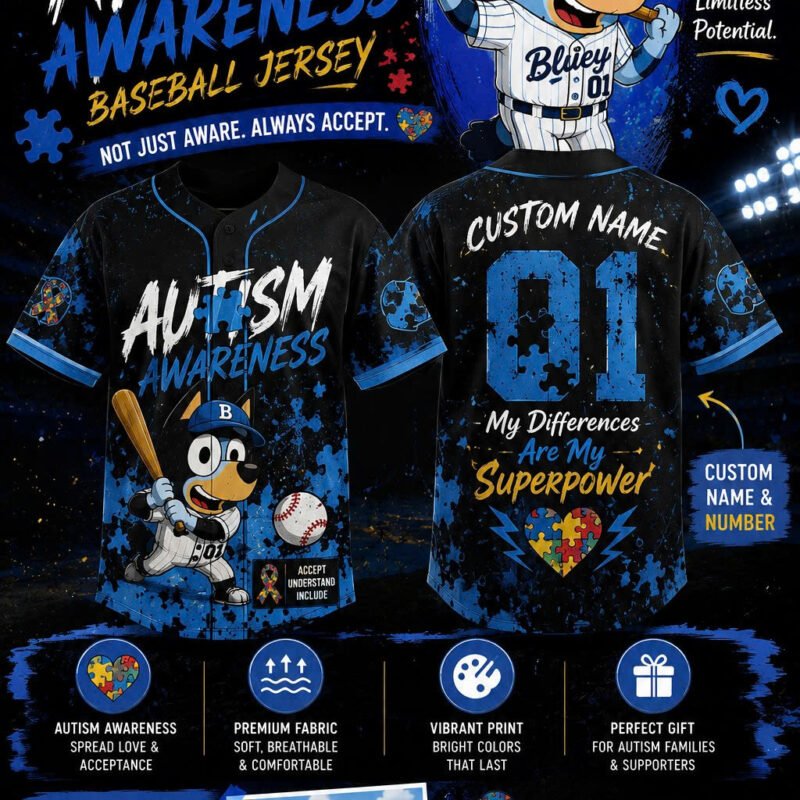Bluey Autism Custom Baseball Jersey