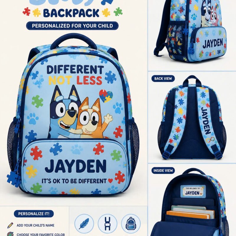 Personalized Name Autism Bluey Kids Backpack for Boys & Girls