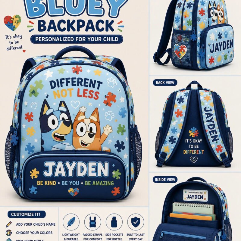 Personalized Name Autism Bluey Kids Backpack for Boys & Girls
