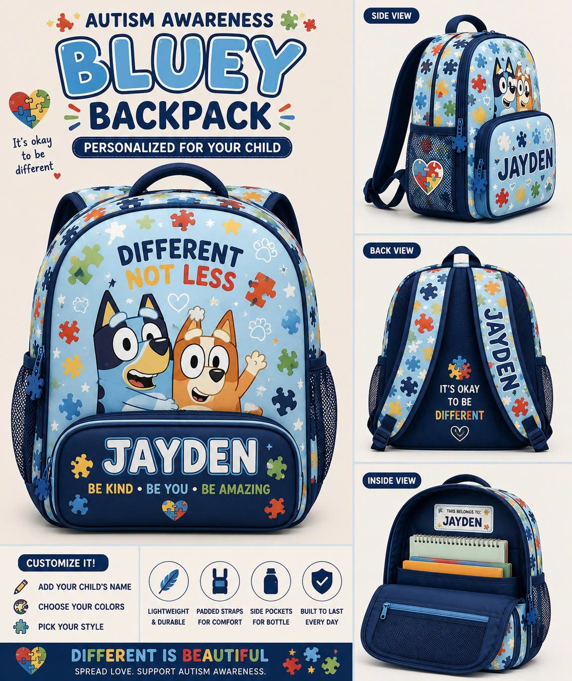 Personalized Name Autism Bluey Kids Backpack for Boys & Girls