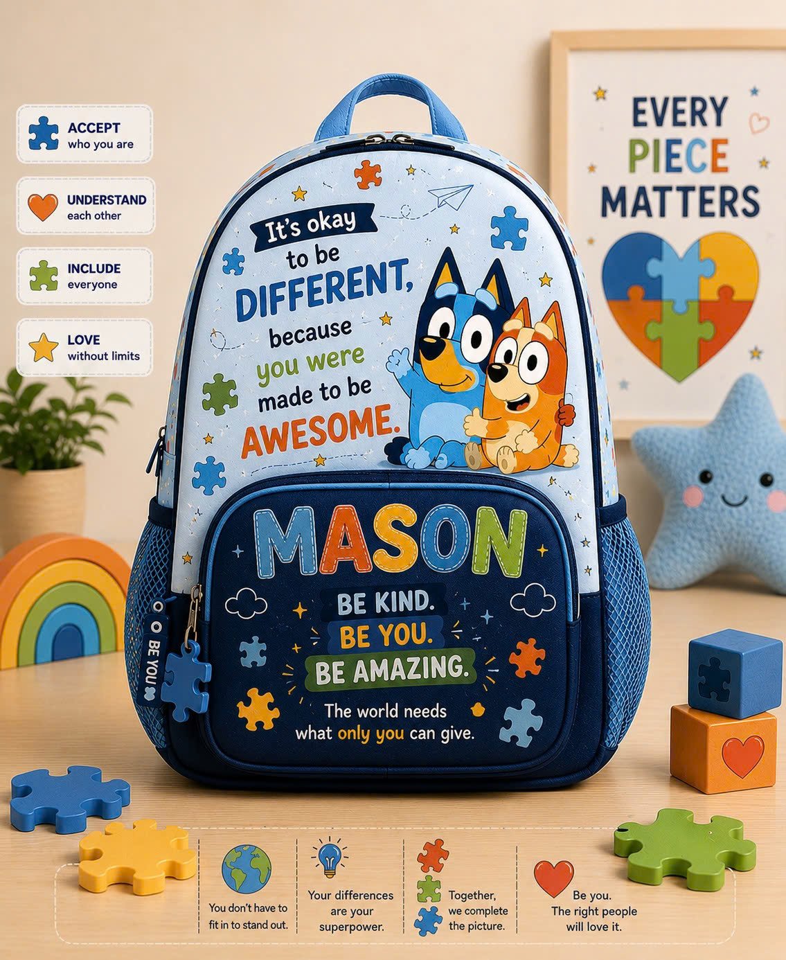 Personalized Name Autism Bluey Kids Backpack