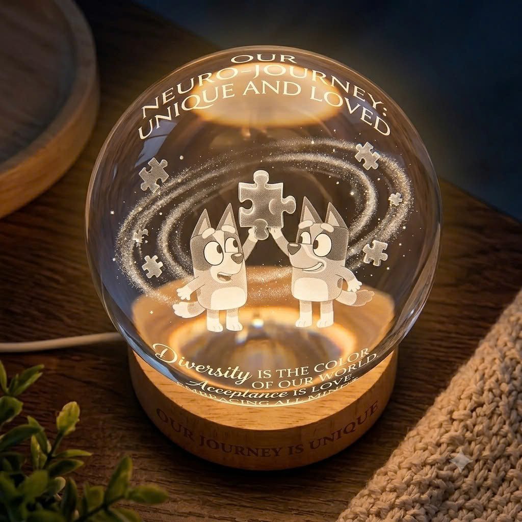 3D Autism Bluey Crystal Ball Lamp With Wooden Base
